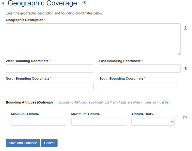 Fill out fields for Geographic coverage